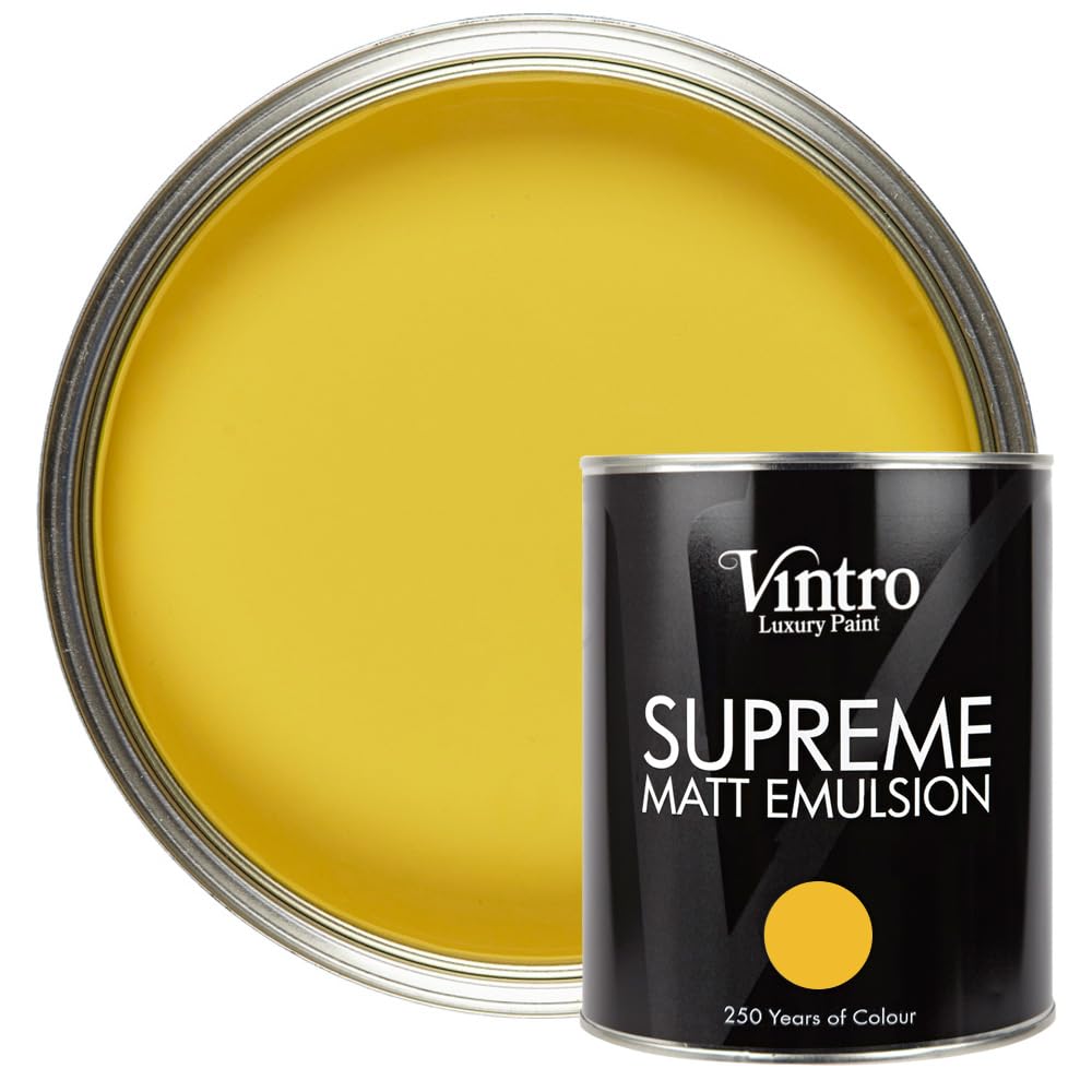 Vintro Paint Yellow (Sunflower) Vintro | Luxury Matt Emulsion | Smooth Chalky Finish | Multi Surface Paint | For Walls, Ceilings, Wood And Metal (Yellow) 1L