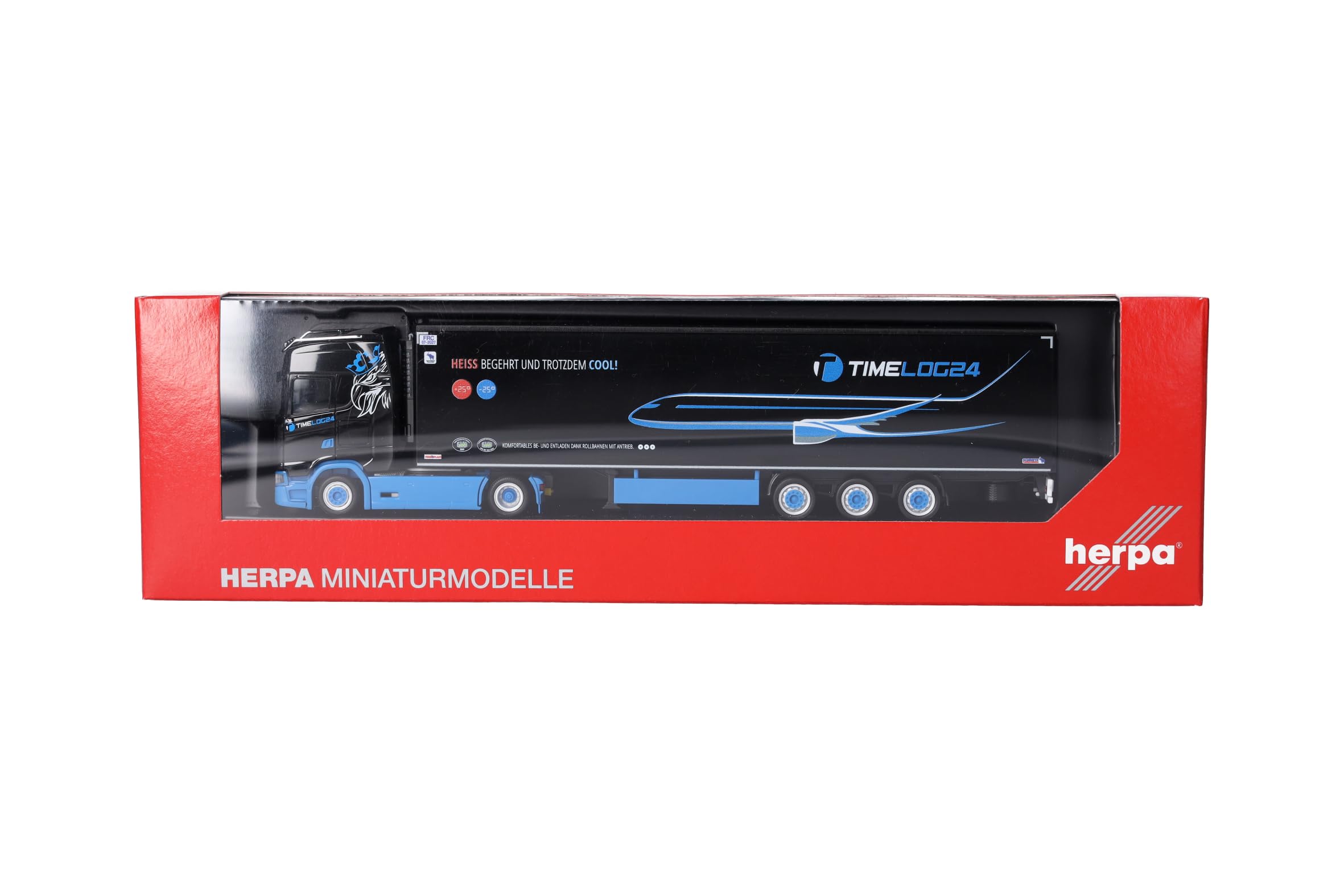 Herpa Model ciężarówki Scania CS 20 HD naczepa chłodnia "timelog24", miniatura w skali 1:87, kolekcjonerski, Made in Germany, plastik