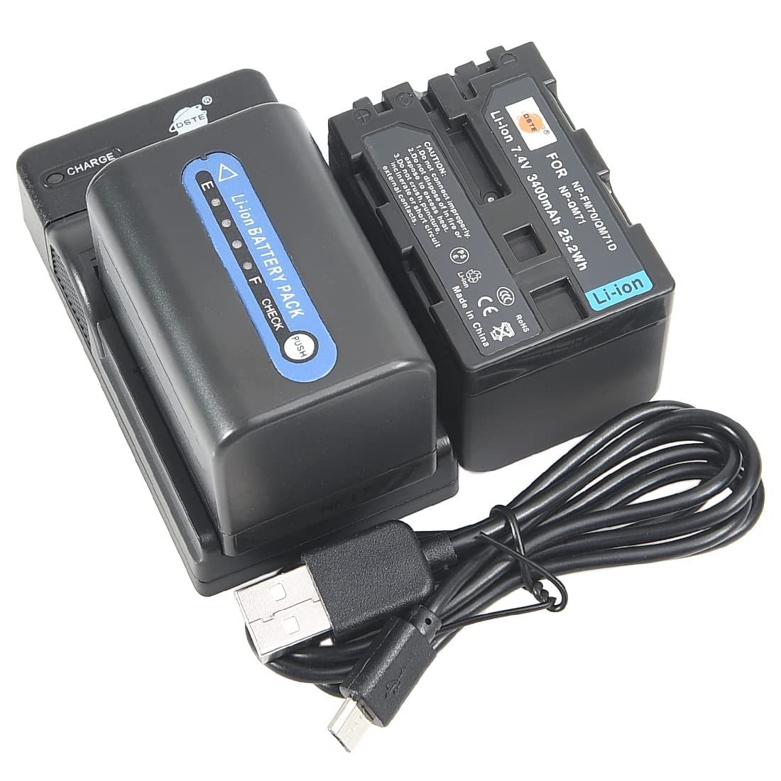 DSTE NP-QM71D Batterie Li-ION (2 pièces) et Chargeur Micro USB Compatible avec Sony NP-FM70 NP-QM71 DCR-PC115 DCR-TRV27 DCR-TRV30 DCR-TRV33