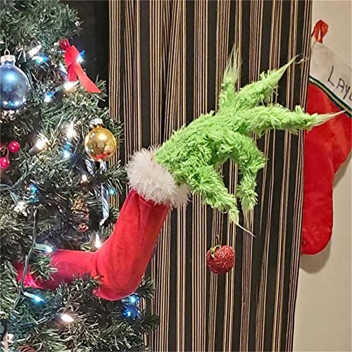 Weihnachten Grinch Körper Ornament Grinch Arme und Kopf Ornament Weihnachtskranz Ornament Jute-bewegliche Plüscharme für Innen-Kamin, Tür, Fenster (Hand) Cover
