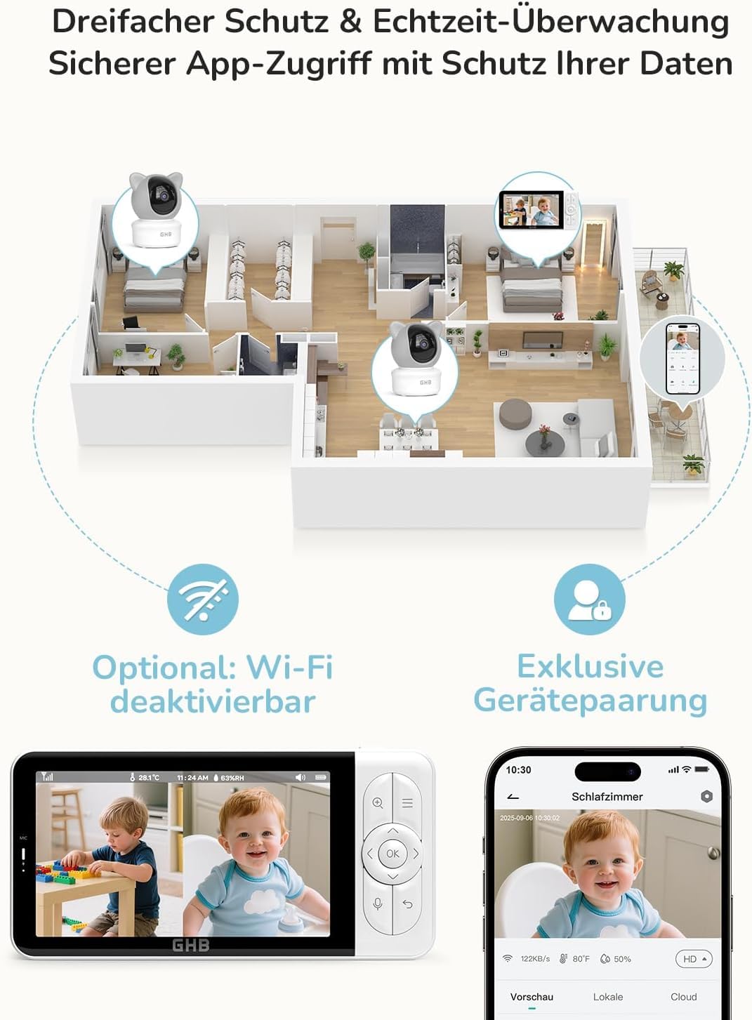 GHB Babyphone mit Kamera App WiFi IPS 5 Zoll 2K WLAN Babyphone PTZ 350°/65° Bewegungs-/Geräusch-/Weinerkennung Nachtsicht VOX 4 Zoom