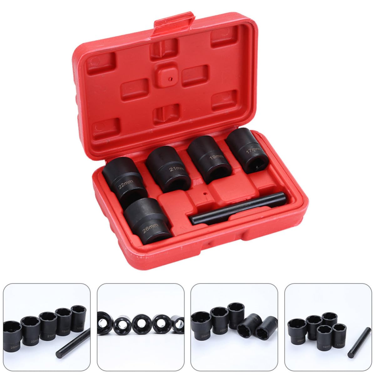 Mikikit Extractores de Tuercas Dañadas y Oxidadas, Casquillos Largos Antideslizantes de 17-26 Mm Juego de 6 Extracción de Tornillos Rotos Herramientas Manuales para Taller Mecánico