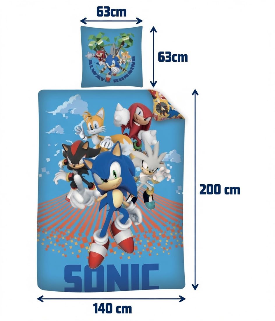 Sonic Le Hérisson Bleu Housse de Couette 140x200 + Taie 63x63 Polyester | Parure de lit qualité supérieure | Polyester Oeko-Tex | SEGA officiel | Garçon | Cadeau | Lavable en machine