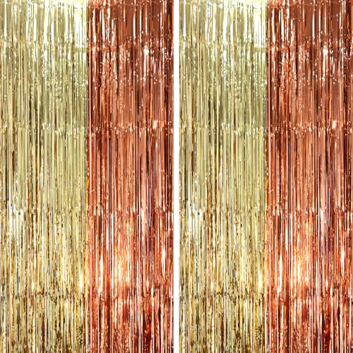 Image of Voircoloria 2 Pack Rose and Champion Foil Fringe Backdrop Curtains, Tinsel Streamers Party Decorations, Fringe Backdrop, Door Shimmer for Anniversary or Birthday Party