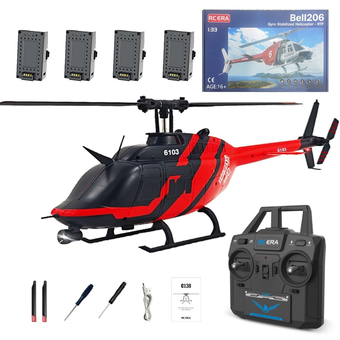 RC ERA C138 Bell 206 Hélicoptère RC pour adultes, échelle 1/33, 6 canaux, gyroscope 6 axes, rotor simple, sans ailon, avec positionnement du flux optique et maintien de l'altitude – RTF/4