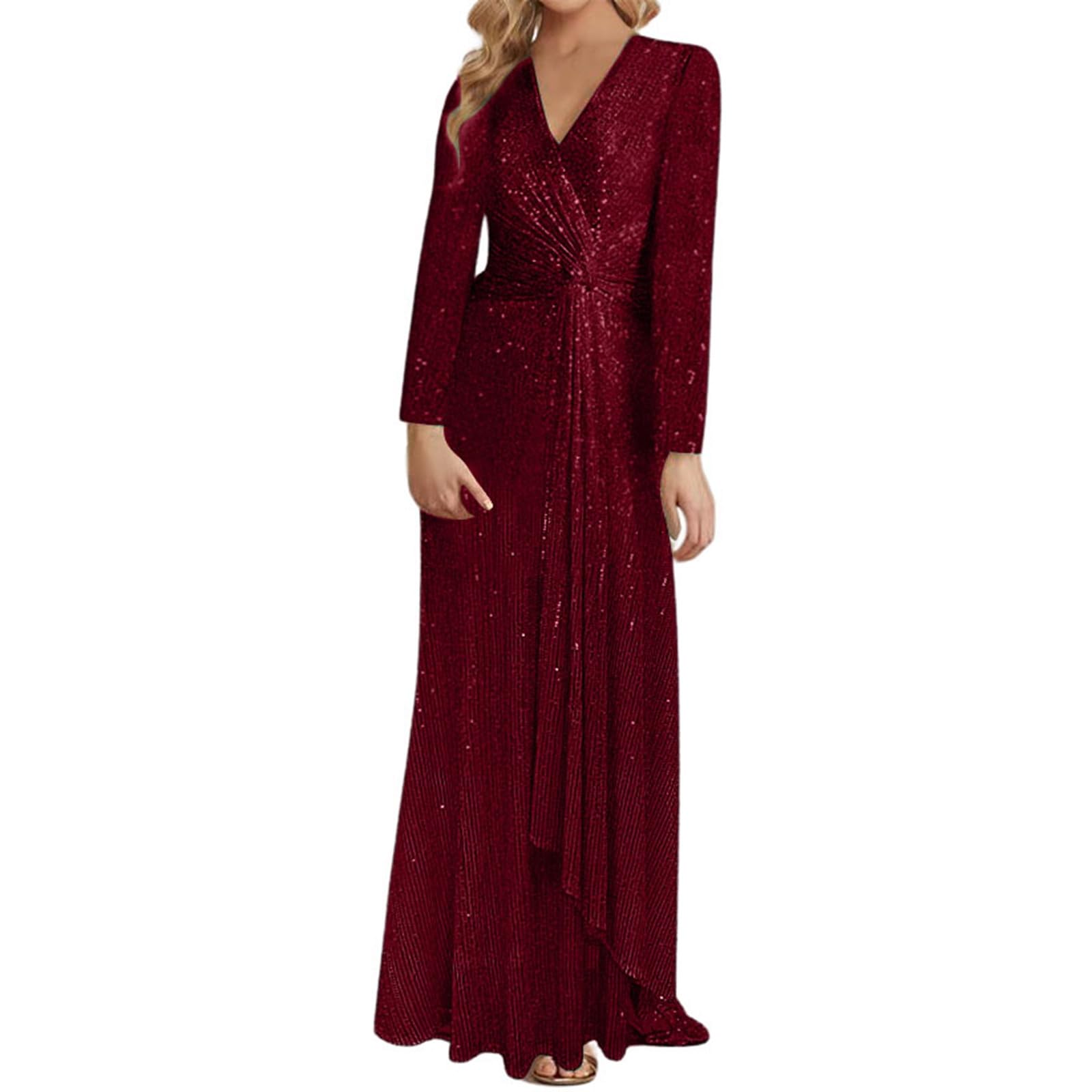 Robe de soirée élégante à Manches Longues en Paillettes de Couleur Unie pour Femmes Robe Portefeuille Midi Décontractée