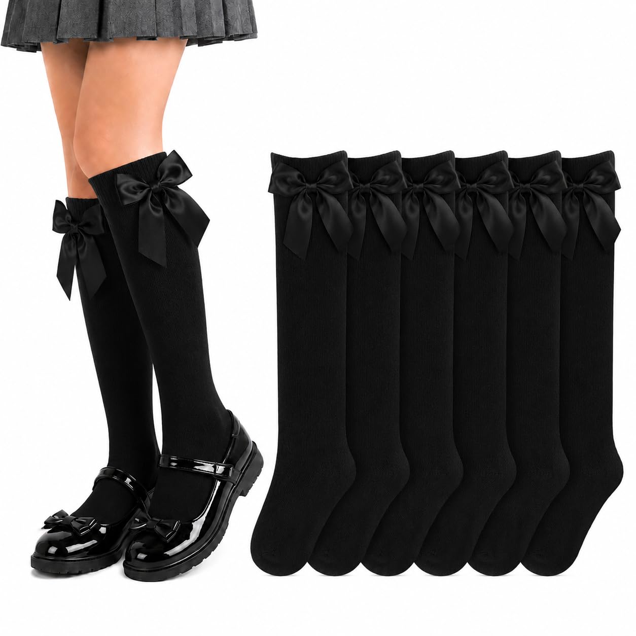 ShopMCR 6 Pack Girls Bow Long Knee High Socks – Cotton School Uniform Socks with Ribbon Detail, Ideal for Back to School & Special Occasions (6P, BK, 4-6)