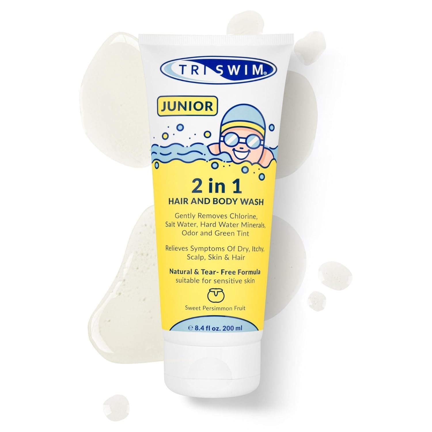 TRISWIM - Junior Gel de Baño y Champú Anticloro Después de la Natación para Niños, Elimina Suavemente el Olor a Cloro y Piscina, la Fórmula Natural Previene la Picazón en la Piel - 200 ml