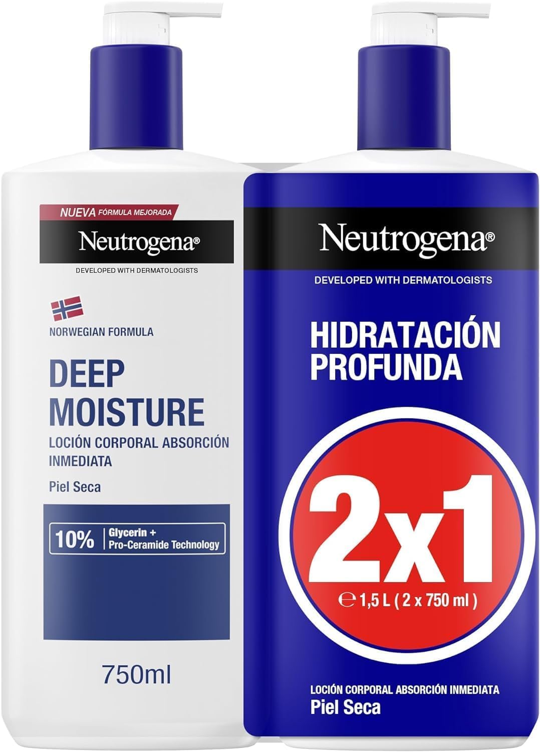Neutrogena Fórmula Noruega Hidratación Profunda Loción de Absorción Inmediata (2 X 750 ml), crema hidratante corporal con Pro-Ceramida y Glicerina, para piel seca