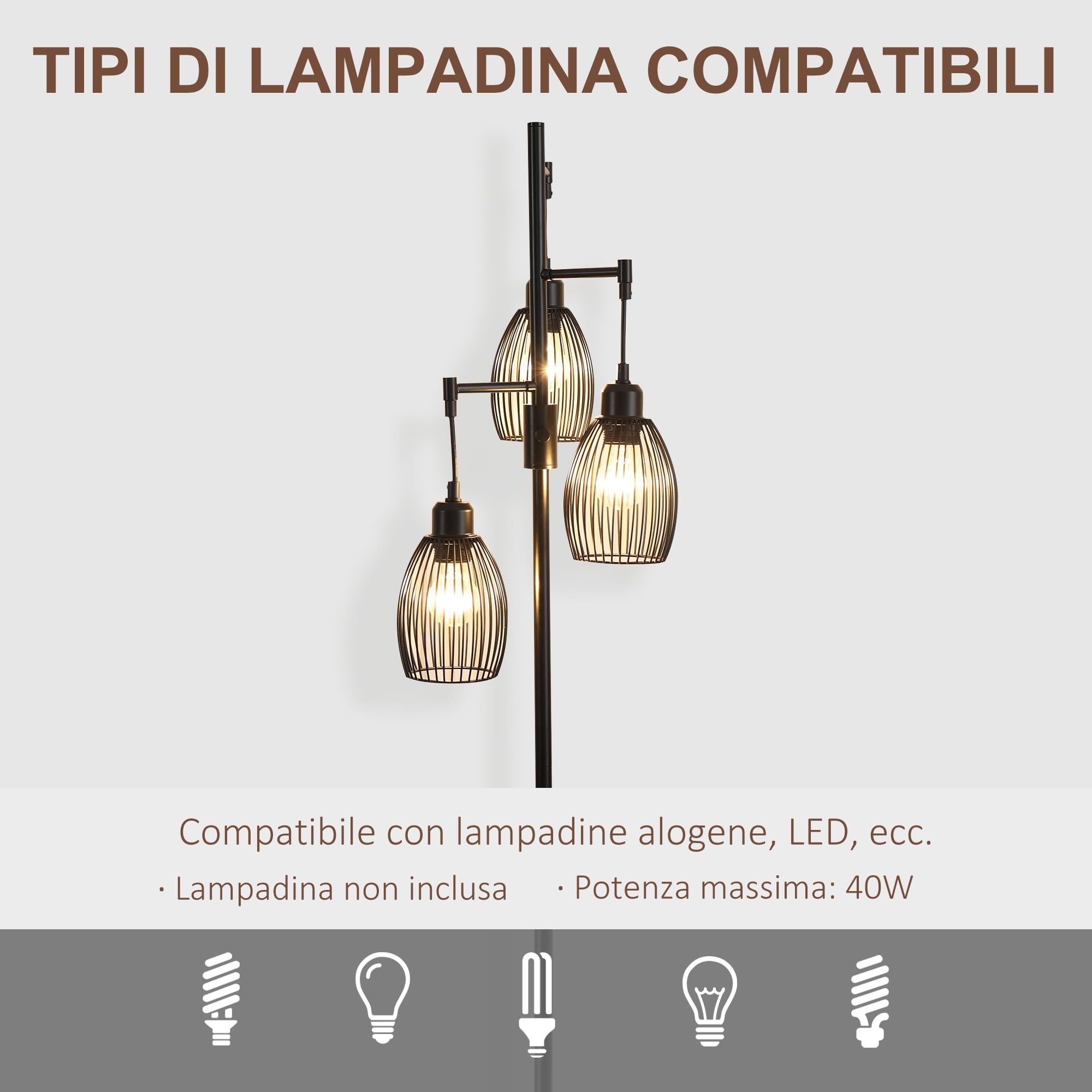 HOMCOM Lampada da Terra Industriale con 3 Paralumi, 30x30x170.5 cm, Nero | Intensità Regolabile, Piantana Lampada da Pavimento in Acciaio