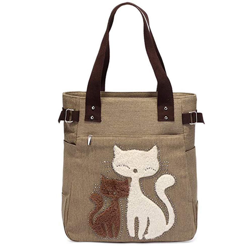Valentoria Canvas Tote Handbag for Women Cute Cat Embroidery Shoulder Purse Large Zipper Travel Work Shopping Grocery Bags