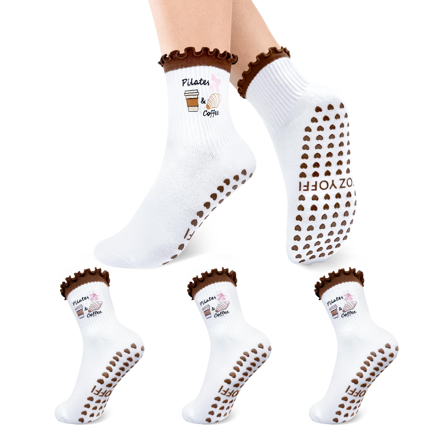 COZYOFFI Non Slip Pilates Socks: 3 Pairs Crew Cotton Ruffle Grip Socks for Women Brown