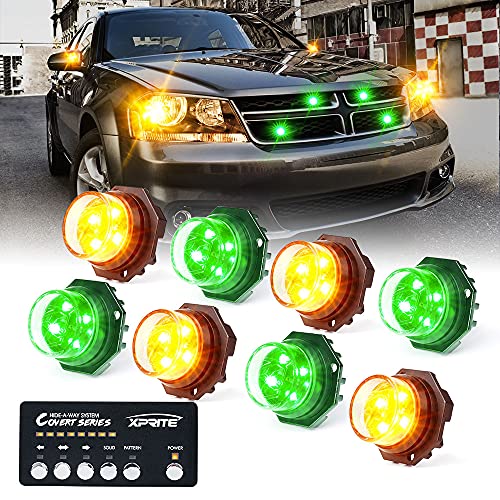 Xprite Amber Green LED Hideaway Strobe Lights Kit 20 Flashing Patterns w/ Control Panel Headlights Taillights Fog Light Mounting, for Roadside Emergency Vehicles Trucks SUV Vans Cars 8 PCs