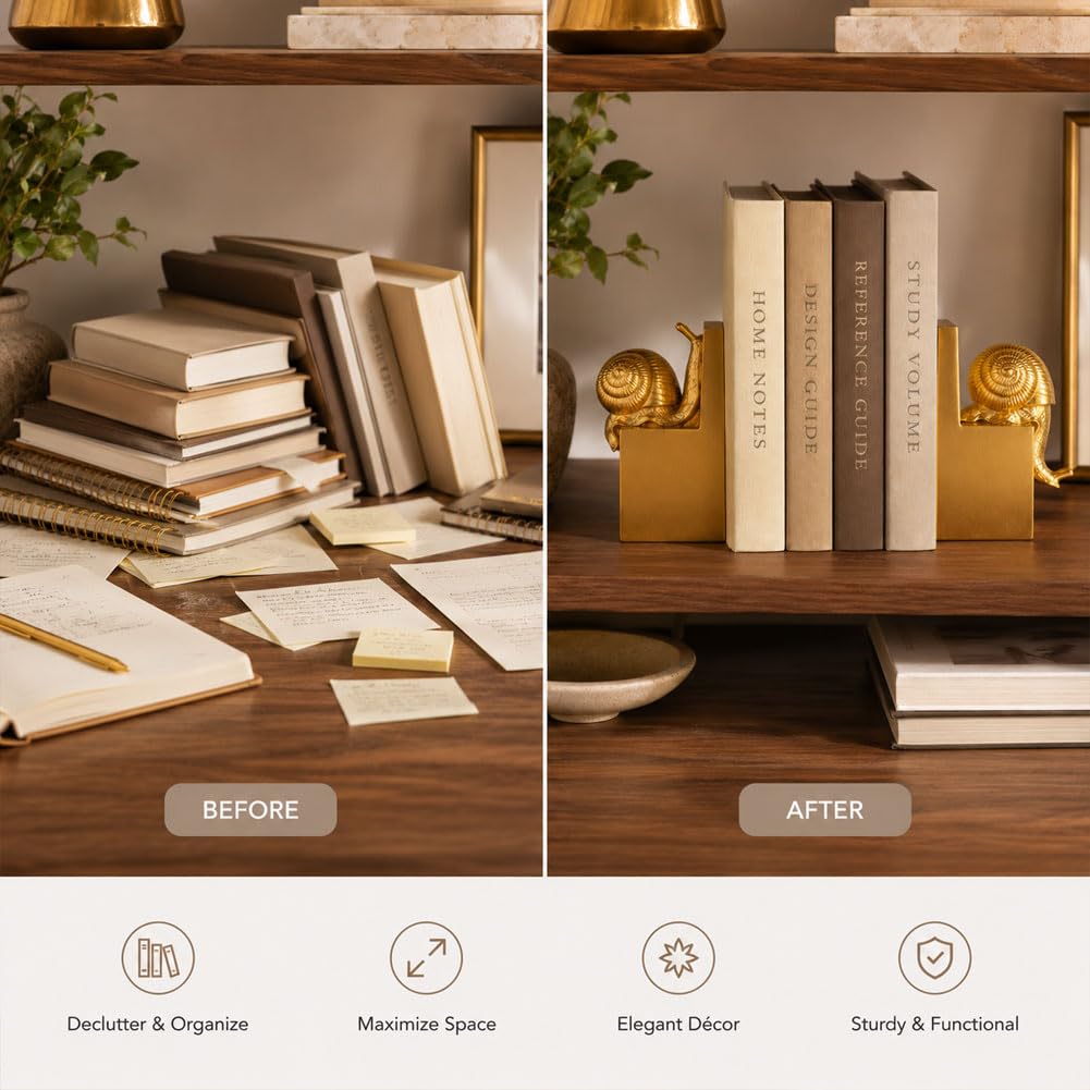 Set di 2 fermalibri decorativi a forma di lumaca dorata, fermalibri decorativi in resina pesante per mensole, supporti per libri antiscivolo, per libreria, scrivania, ufficio, biblioteca