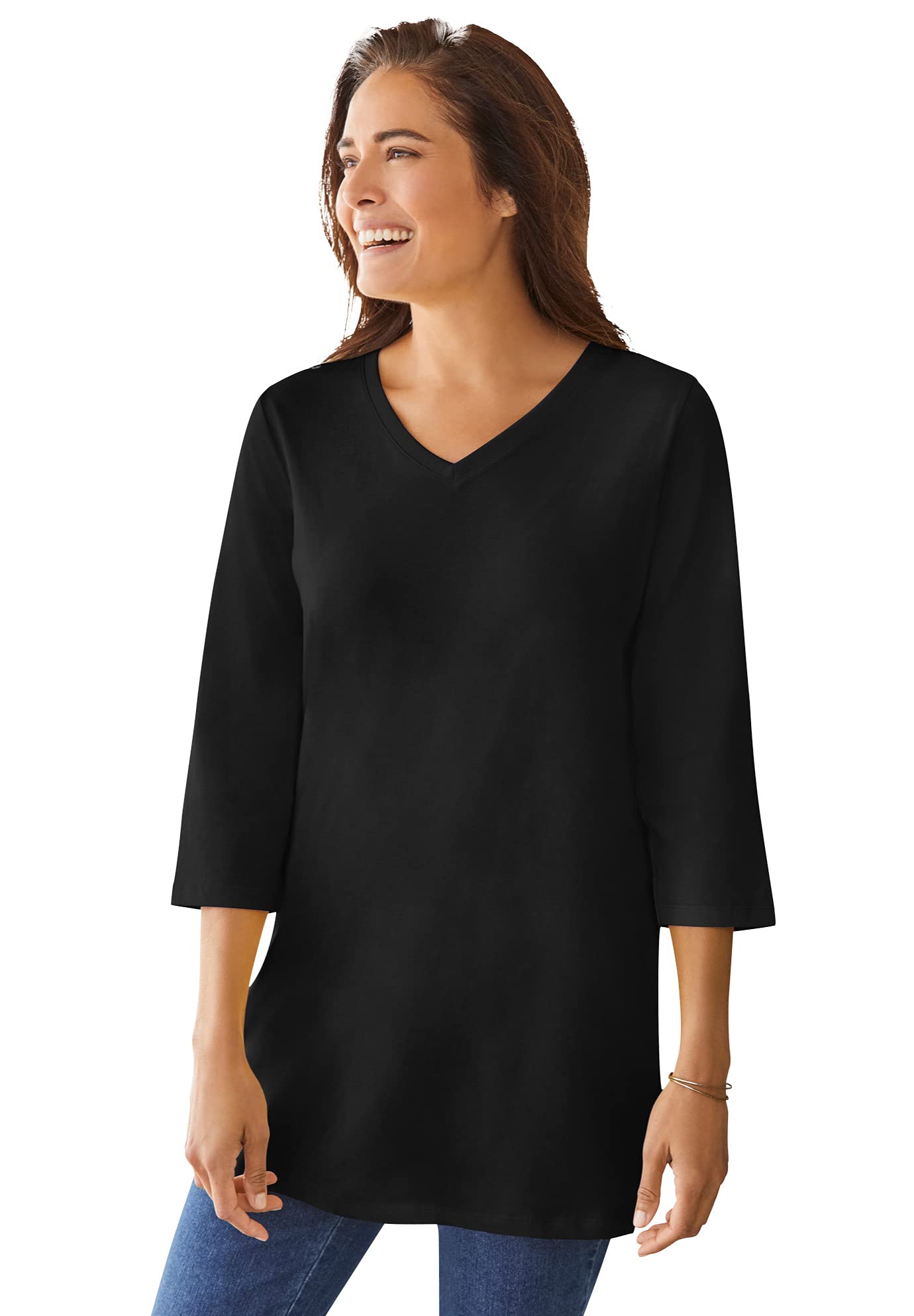 Woman WithinPlus Size Perfect Three-Quarter Sleeve V-Neck Tunic