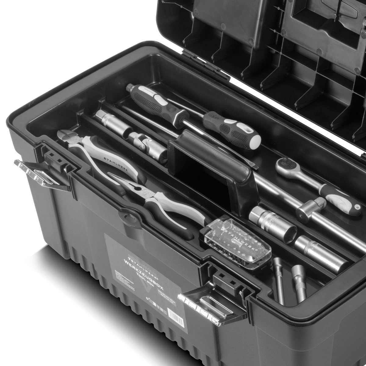 STAHLWERK Toolbox - Juego de 4 cajas de herramientas vacías, sistema modular 4 en 1 | Caja de herramientas, caja de herramientas, organizador de herramientas con cajas surtidas integradas