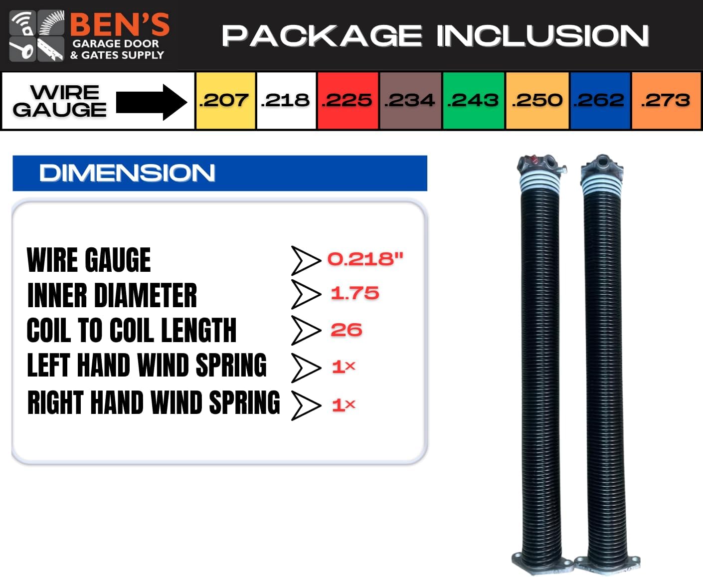 Torsion Garage Door Springs 218 x 1.75" x 26" (Left & Right Wound)