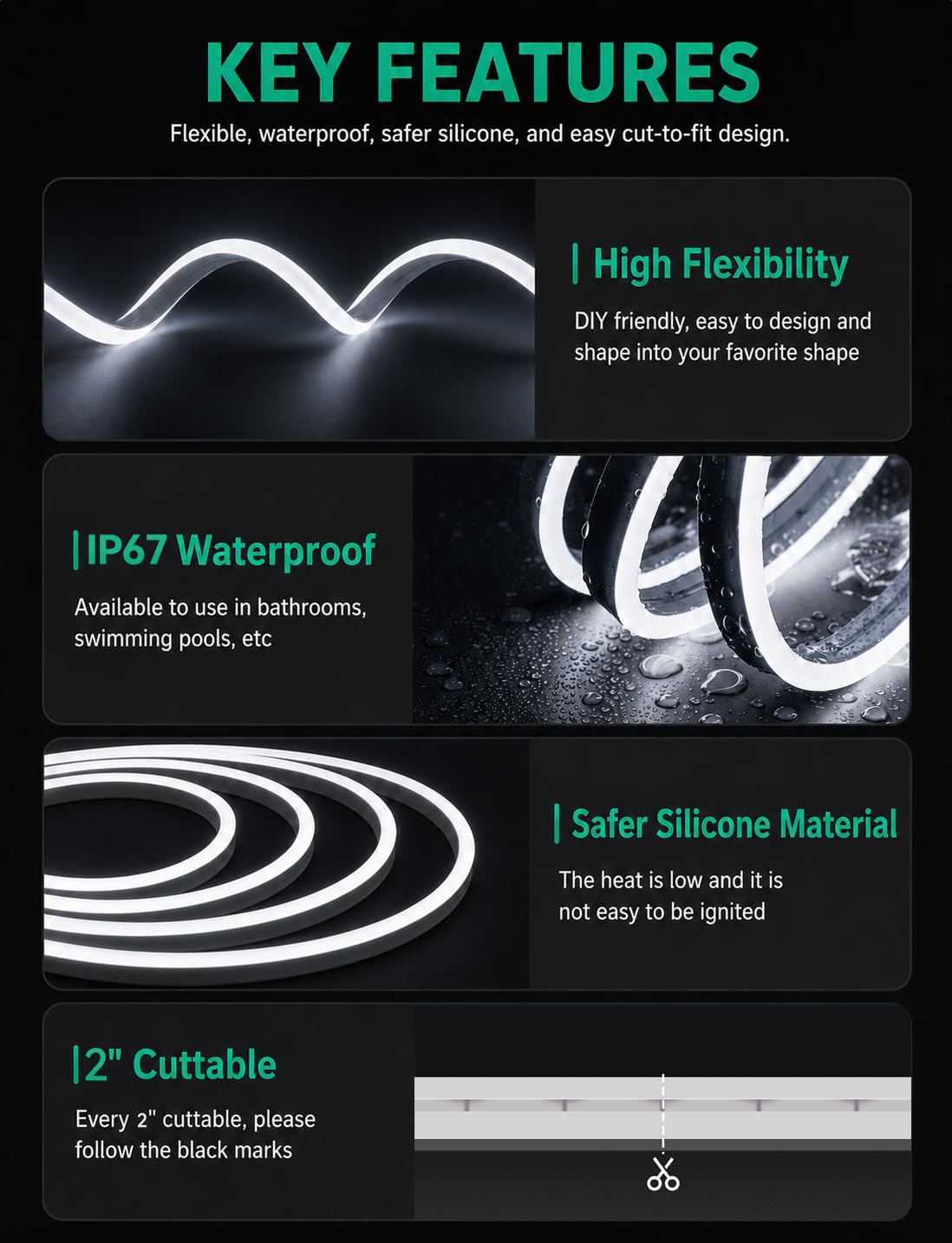 Tira de luces LED de neón – Tira de luces LED de color blanco frío de 5 m, 12 V, flexible e impermeable, luces de neón de silicona para jardín, dormitorio, cocina (sin adaptador de