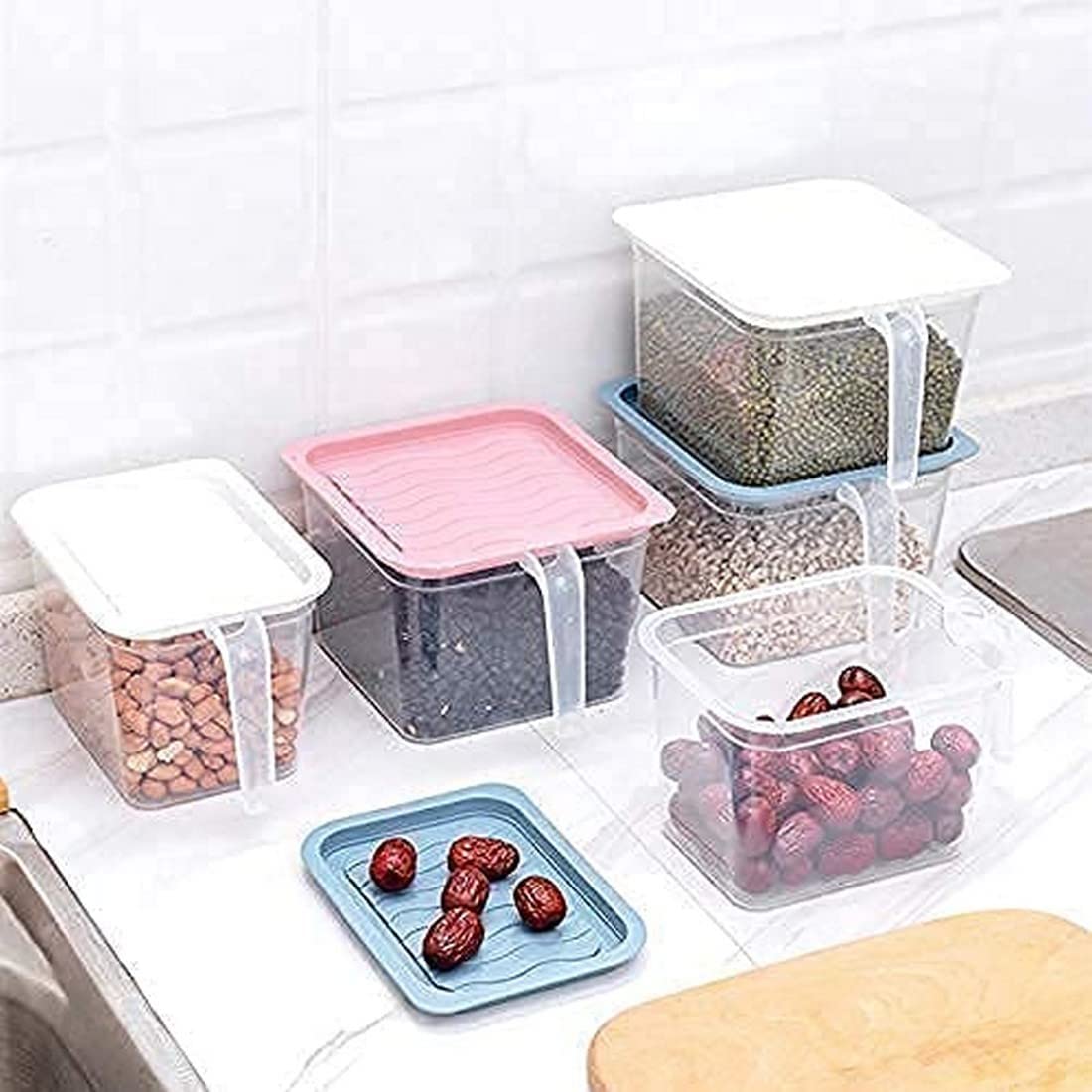 plenzo Multipurpose 1600ml, 6 Pcs Fridge Organiser Kitchen Food Storage Container Space Saver Stackable Air Tight Jars Bins with Lids Handle (Unbreakable, Transparent)