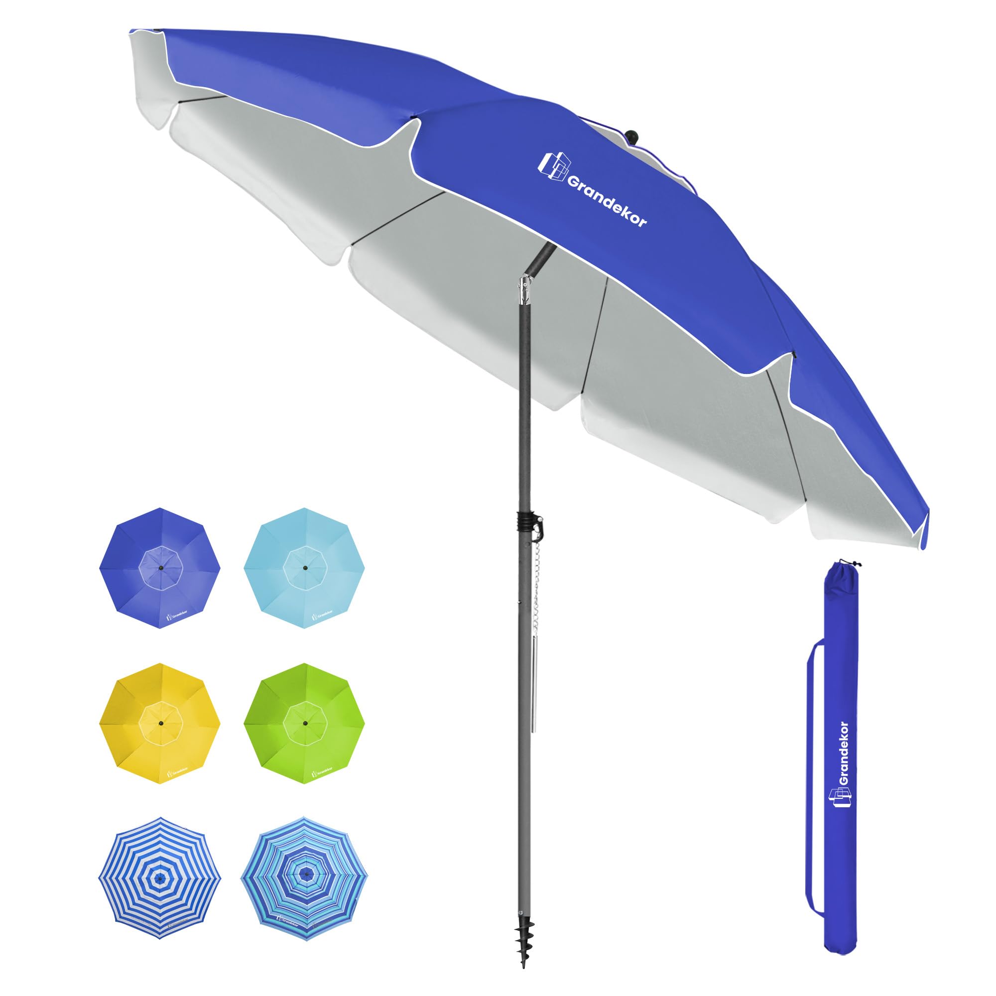 Grandekor Parasol de Plage, Parasol de Jardin Exterieur, UV50+, Ombrelle réglable en Hauteur et Inclinaison, avec Ancre de Plage de 12cm, pour Plage, Balcon & terrasse, 200cm, Bleu