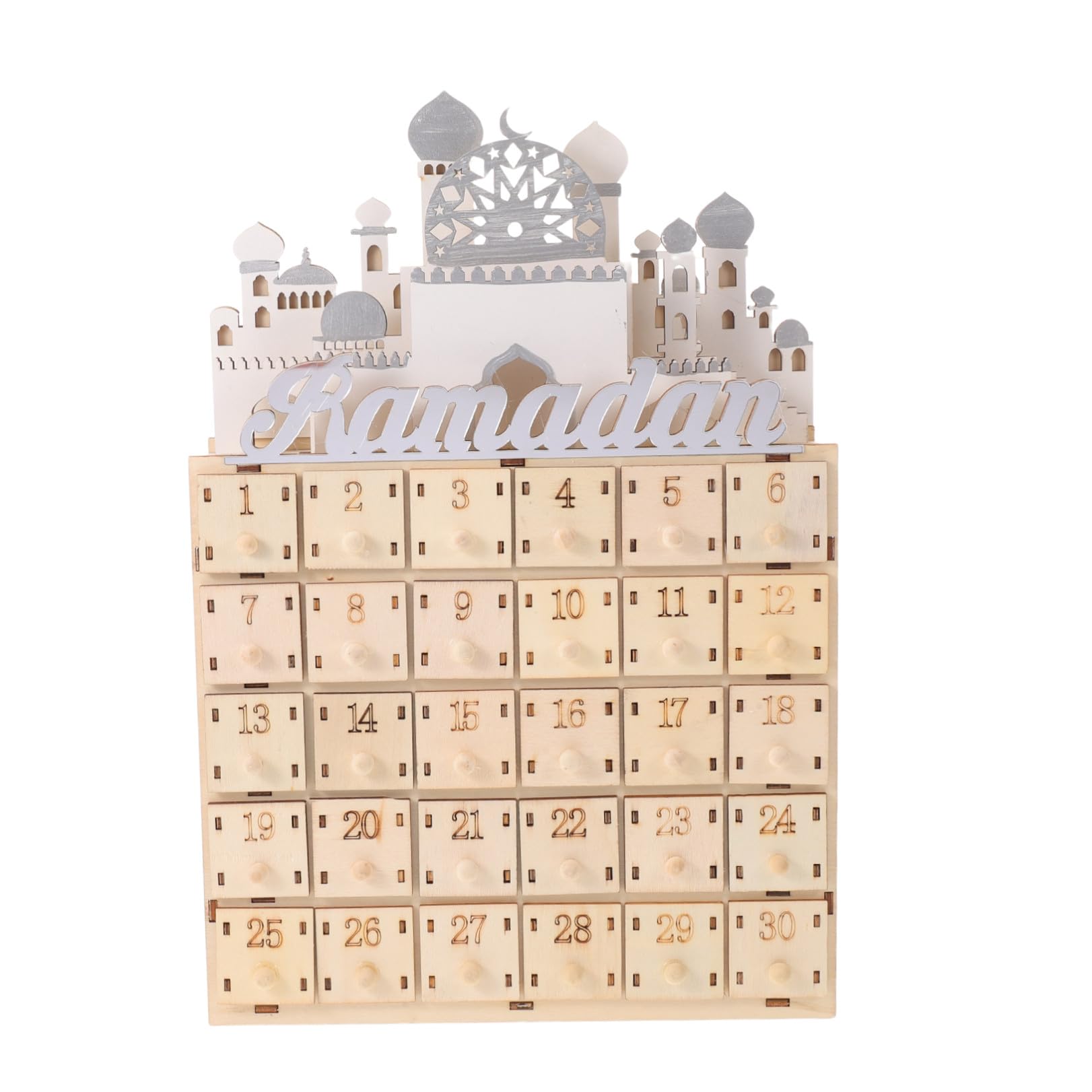 TOYANDONA Calendario del Conto alla Rovescia Ramadan in Legno con 30 Cassetti e Luci LED Integrate, Decorazione da Tavolo Rotonda per Eid Mubarak 2026, Ornamento Funzionale per Festa
