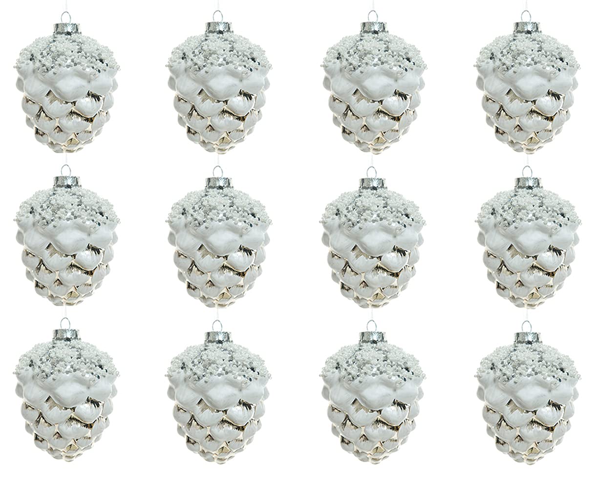 Christbaumschmuck Glas Zapfen 9cm x 12 Stück Tannenzapfen Weihnachtskugeln Wald weiß
