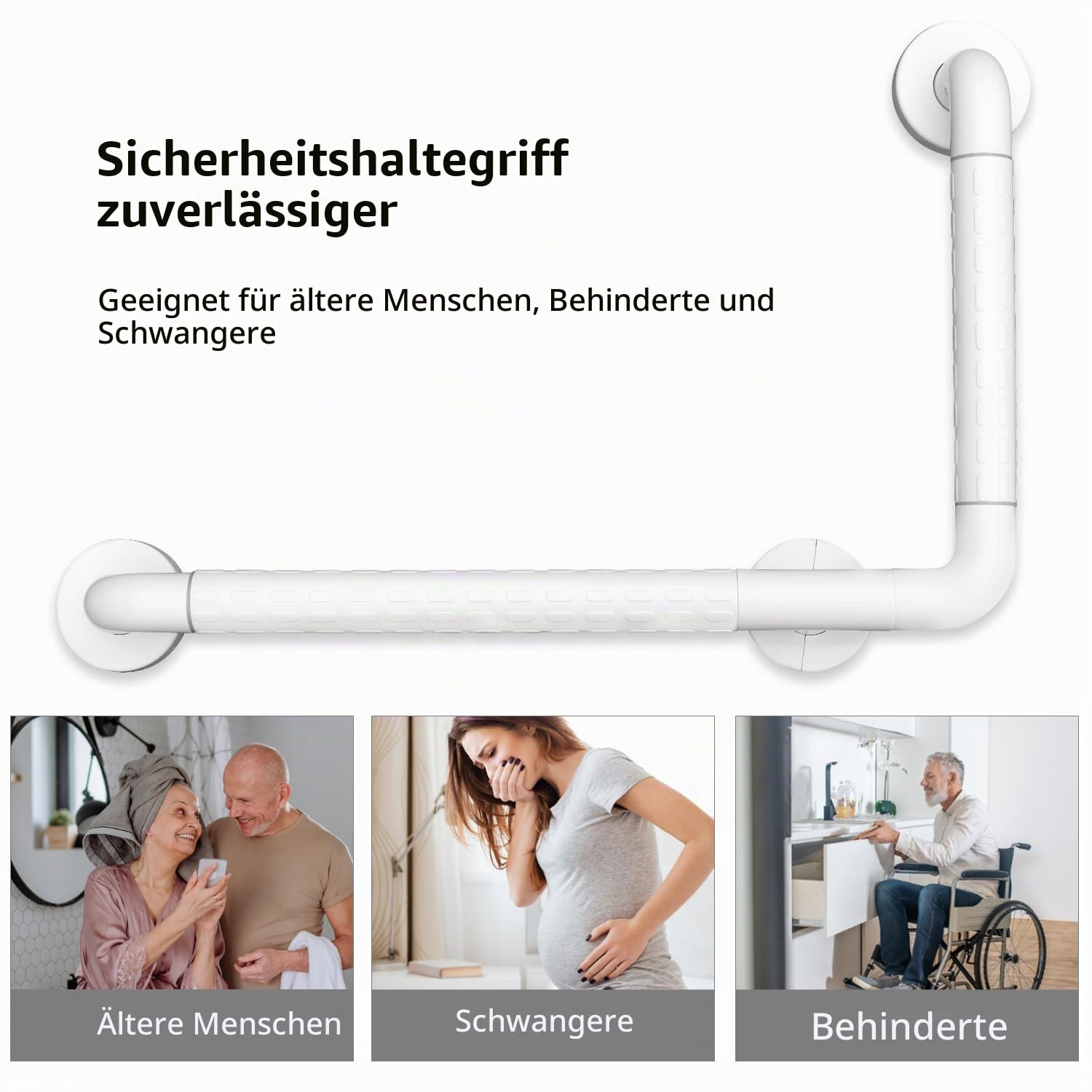 Haltegriff für Senioren, Dusche L-Form 60x40cm, WC Griff Edelstahl Weiß | Wandmontage, geeignet für Behinderte, Badewanne und Badezimmer, Duschgriffe bis 300kg Belastbar