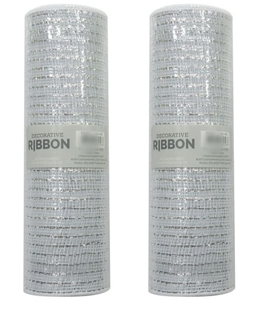 Deco Mesh Ribbon (2 Rolls White w/Silver Metalic 10 inch x 30 Feet)