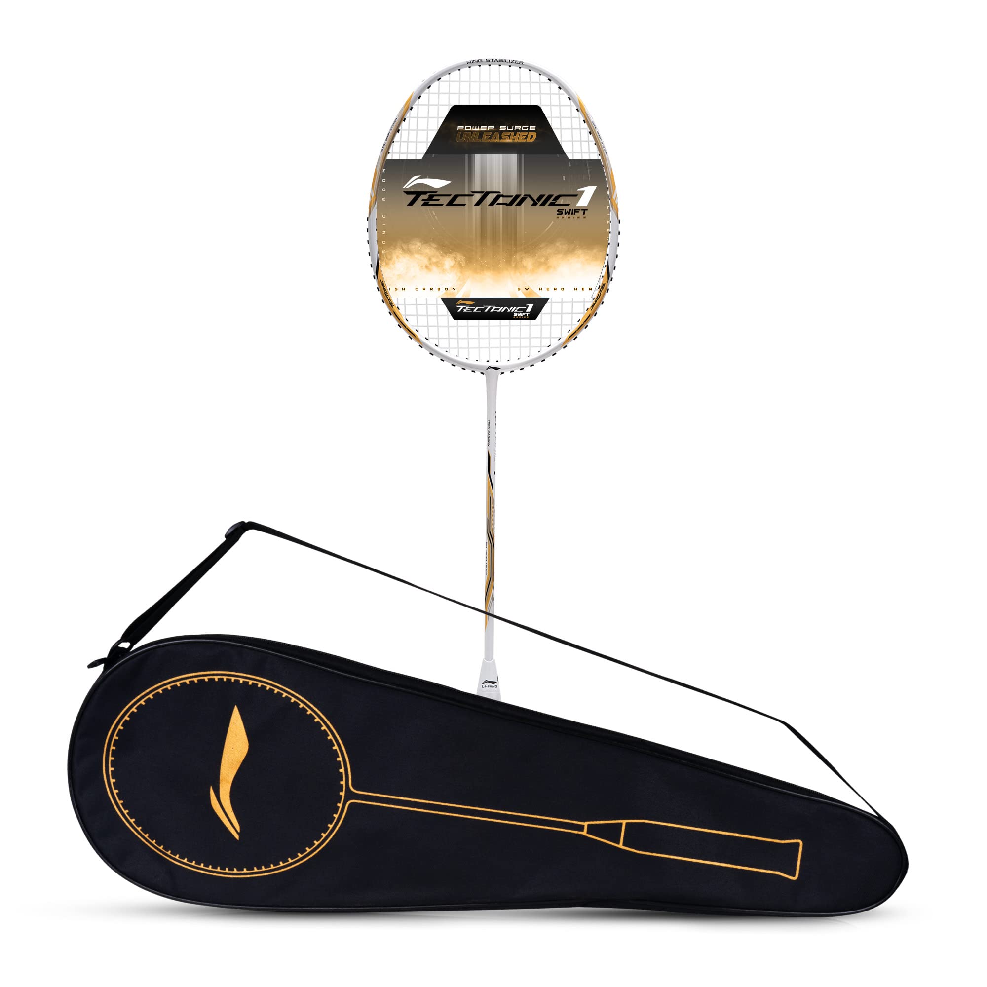 Li-Ning Tectonic 1S Carbon Fibre Strung Badmiton Racket with Free Full Cover (White/Gold, 83 Grams)