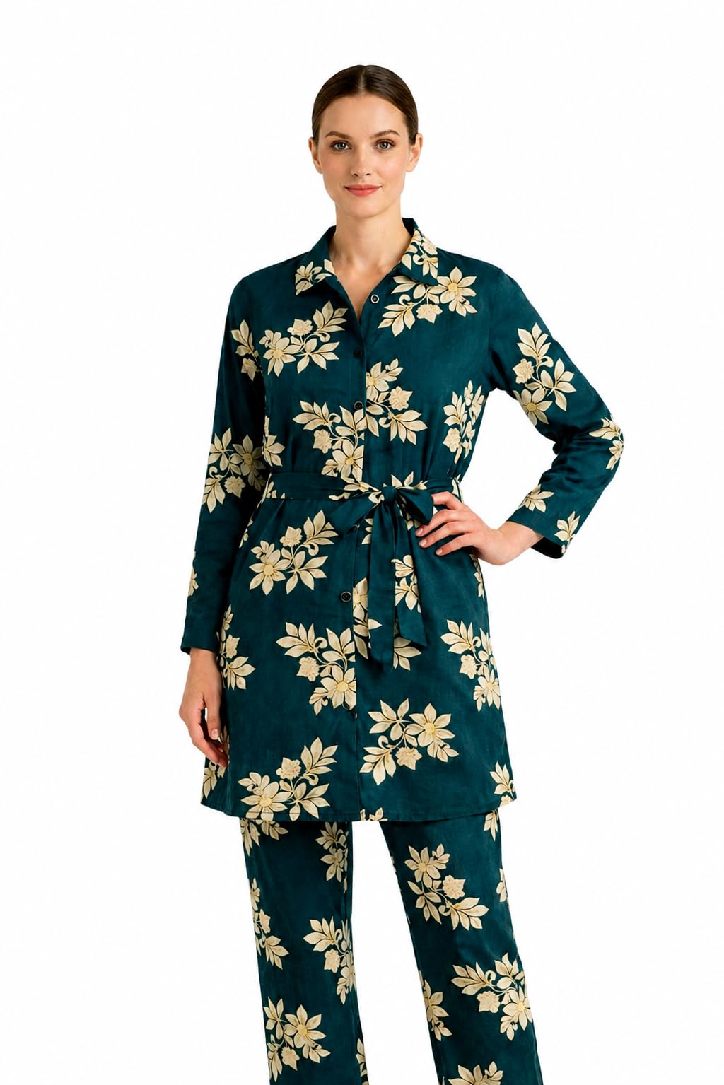 Floral Printed Co-ord Set for Women, Shirt-Collar Tunic with Full Sleeves, Front Button Closure, Waist Tie Belt, Straight-Fit Pants, Casual Wear (IN, Alpha, 3XL, Regular, Dark Green)-image-45