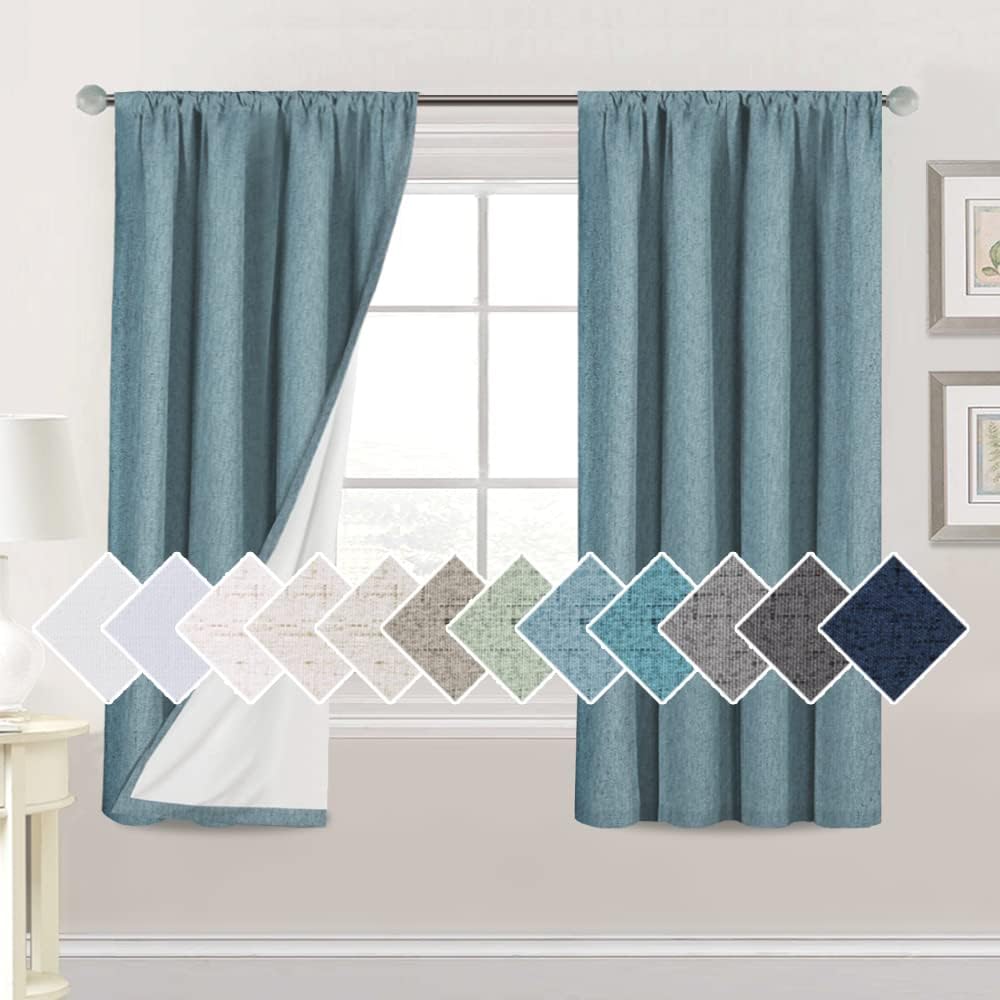 H.VERSAILTEX Linen Look 100% Blackout Curtains 63 Inches Long for Bedroom Rod Pocket 42 Inches Wide Linen Textured Thick Window Curtain Drapes with White Backing, Stone Blue, 2 Panels 42"W x 63"L (Pack of 2) Stone Blue
