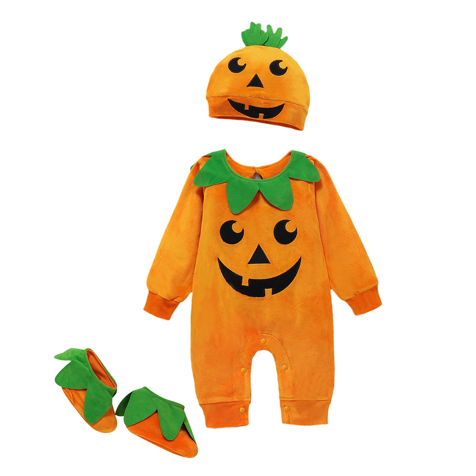 Toddler Baby Girls Boys Halloween Long Sleeve Pumpkin Face Pattern Romper+ Cap +Slipper Socks 3Pcs Outfits (Orange, 12-18 Months)