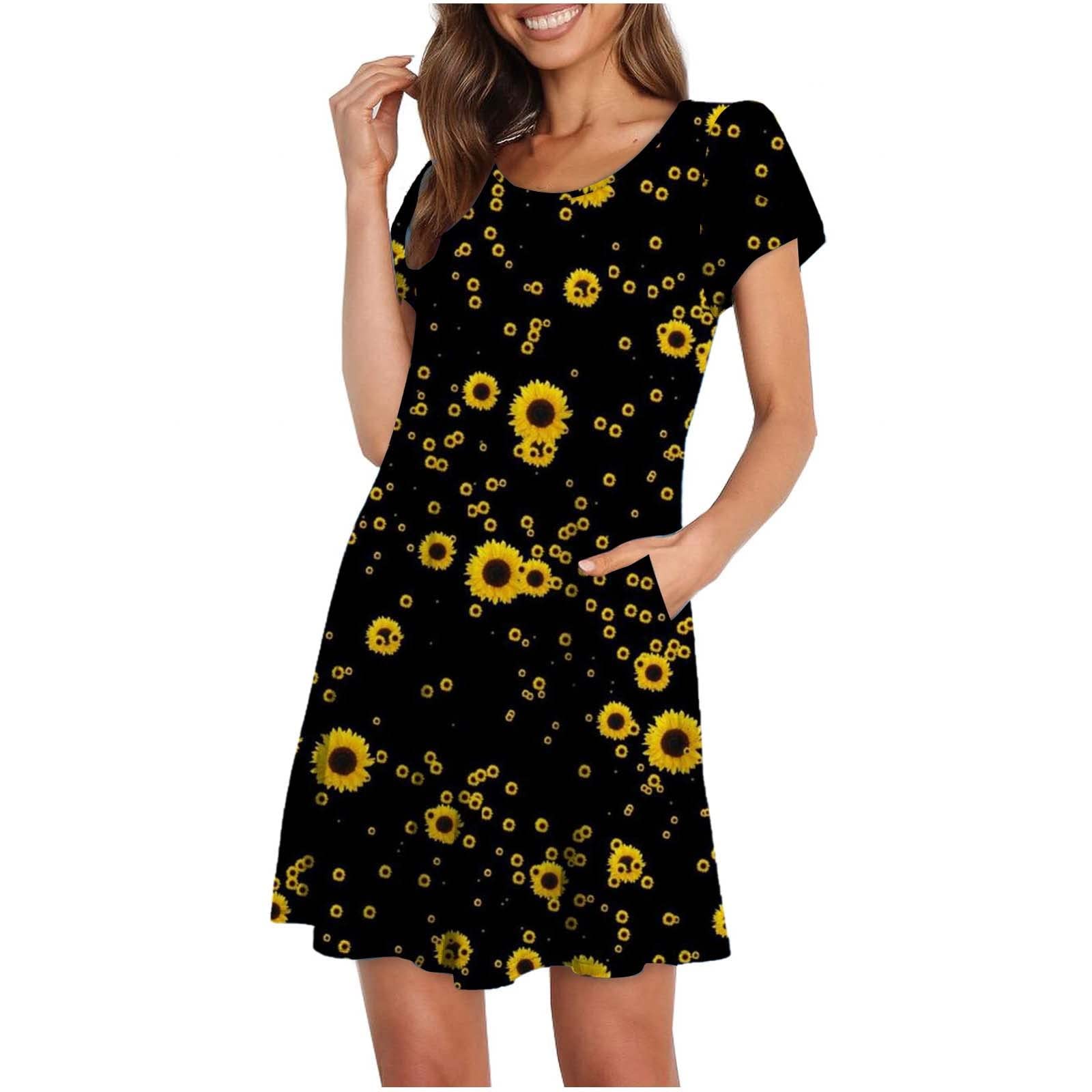 Women Dresses Clearance Party Elegant Sasual Cross Short Sleeves Round Neck Pocket Solid Color Dress Vintage Cocktail Mini Dress Swing Knitwear Jumper Sundress Ladies Tunic Dress UK Size