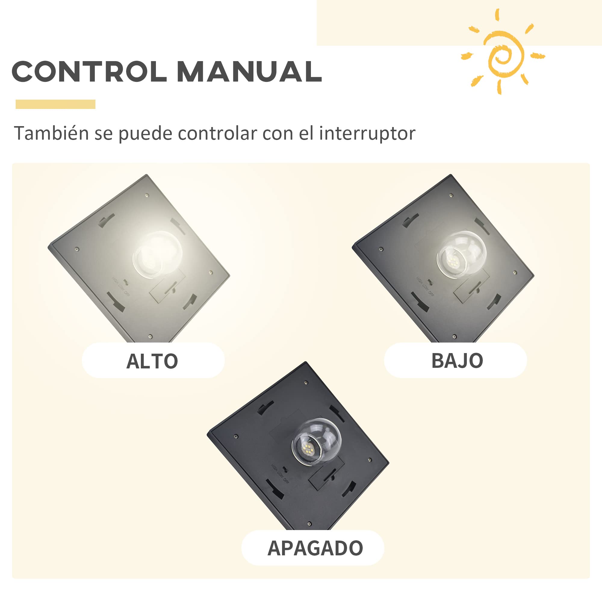 Outsunny Farol Solar de Jardín con 3 Luces LED Impermeable IP44 para Camino Patio 51,5x47x182,5 cm Negro