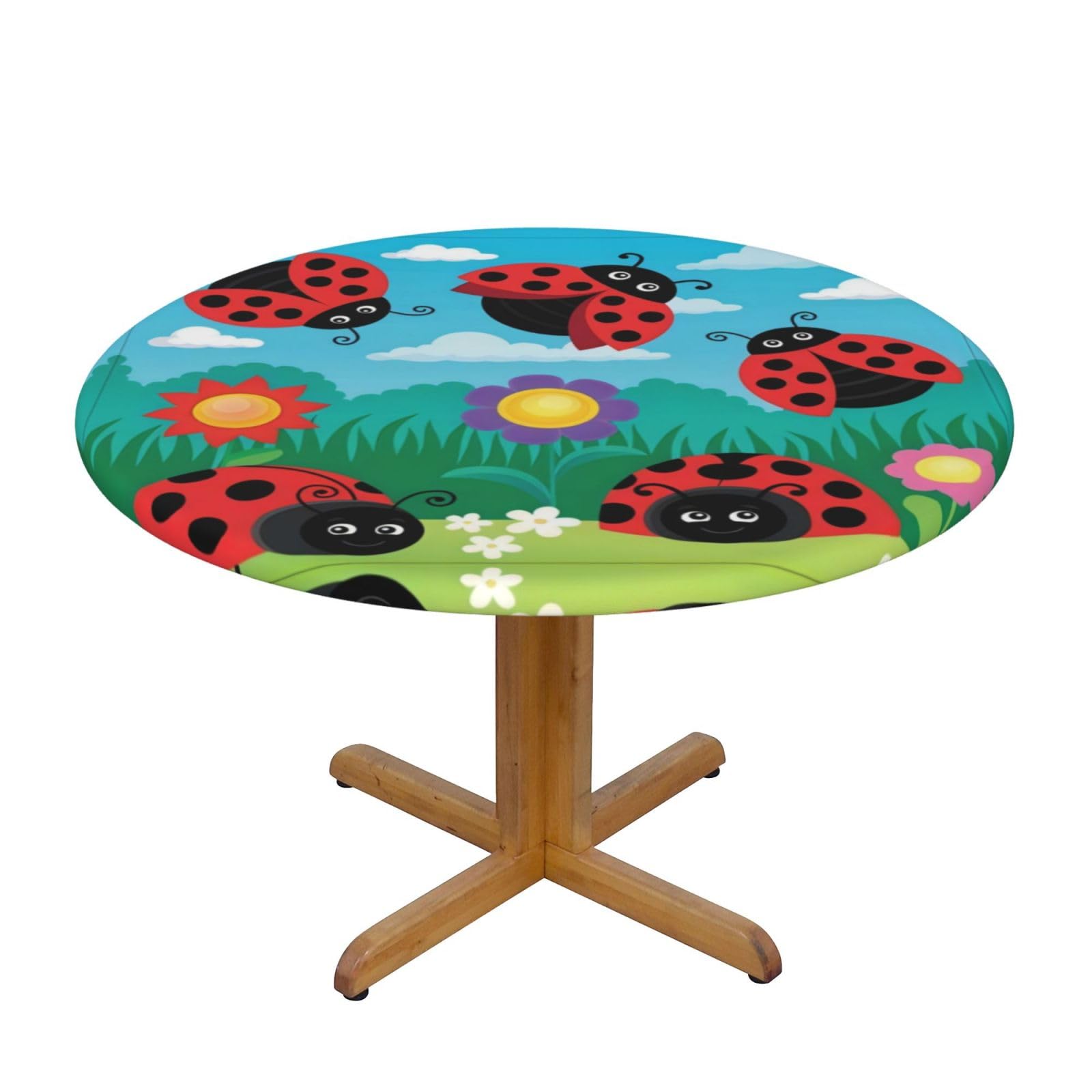 ZQYTGFDC Ladybug landscape S Decorative Round Tablecloth Waterproof Anti Stain Oil Proof Size for 40 50 inch