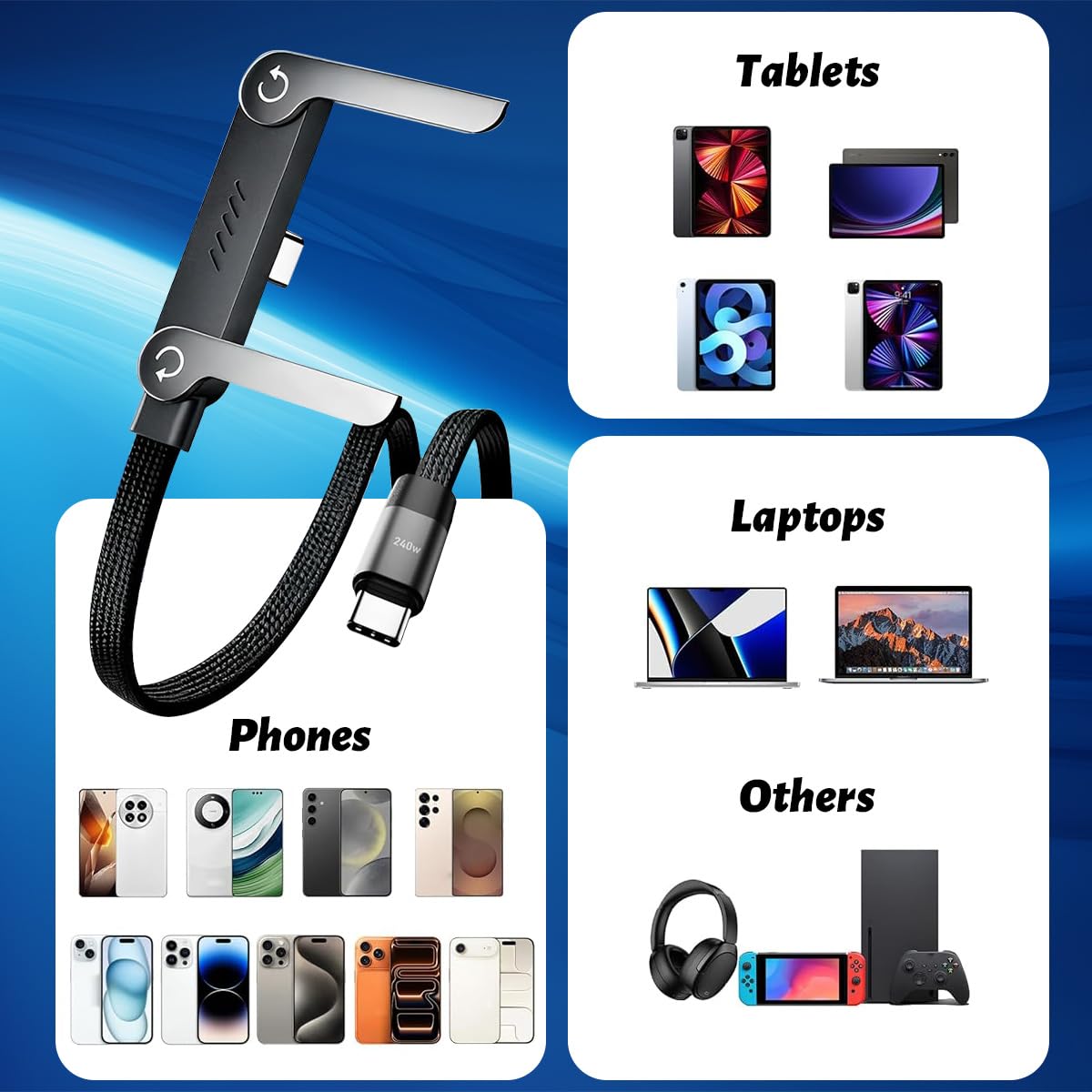 Kabel USB C do ładowania 240 W, niewidoczny kabel do ładowania 2 w 1 z uchwytem, ładowarka do telefonu bocznego, super pleciony kabel do szybkiego ładowania z wbudowanym uchwytem na telefon, do