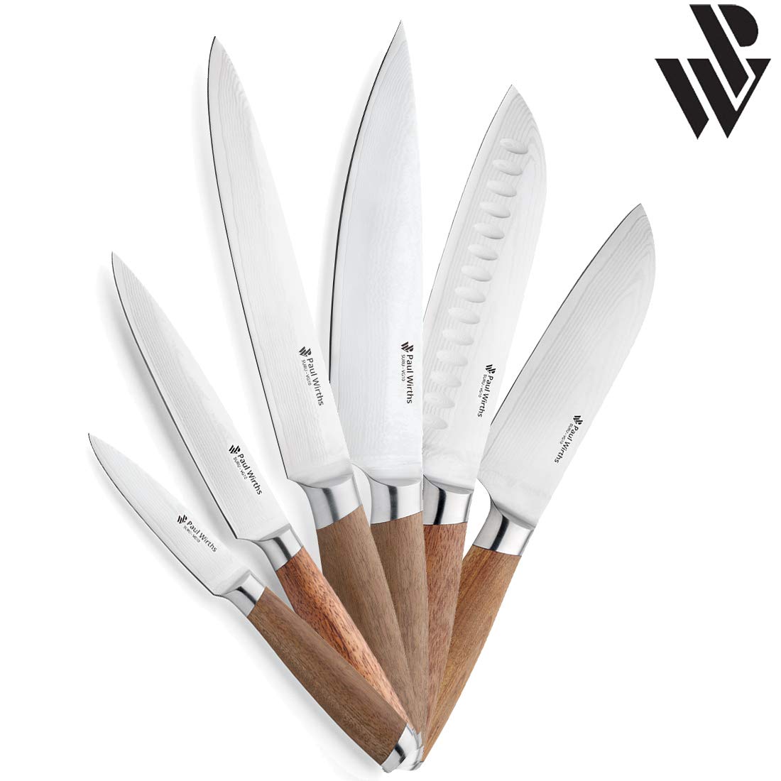 PW SURU Allzweckmesser, Damaszener-Stahl, Akazienholzgriff, 13 cm | Das SURU Allzweckmesser überzeugt mit VG-10 Kern, 60±2 HRC Härte und 23,5 cm Gesamtlänge – Handwäsche empfohlen