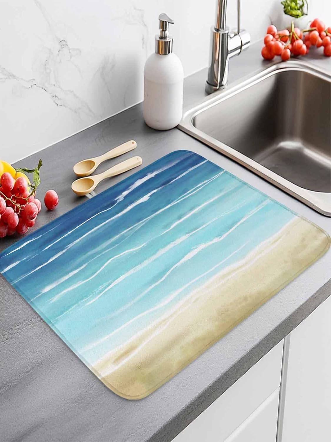 Blue Beige Ombre Dish Drying Mat 18x24 Inch, 1 Pcs Absorbent Coffee Mat, Summer Beach Wave Microfiber Bottle Dishes Drainer Pad, Coastal Nautical Quick Drying Mat for Kitchen Counter/Sink