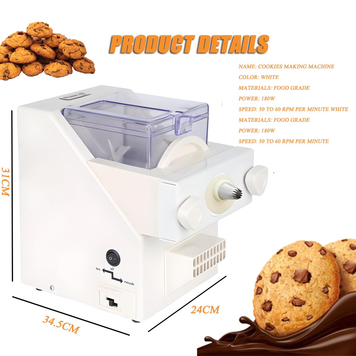Macchina automatica per la produzione di biscotti, 180 W, 8 diversi ugelli, 6 stampi, 50-60 giri/min, per biscotti fai da te, pasticceria, cucina