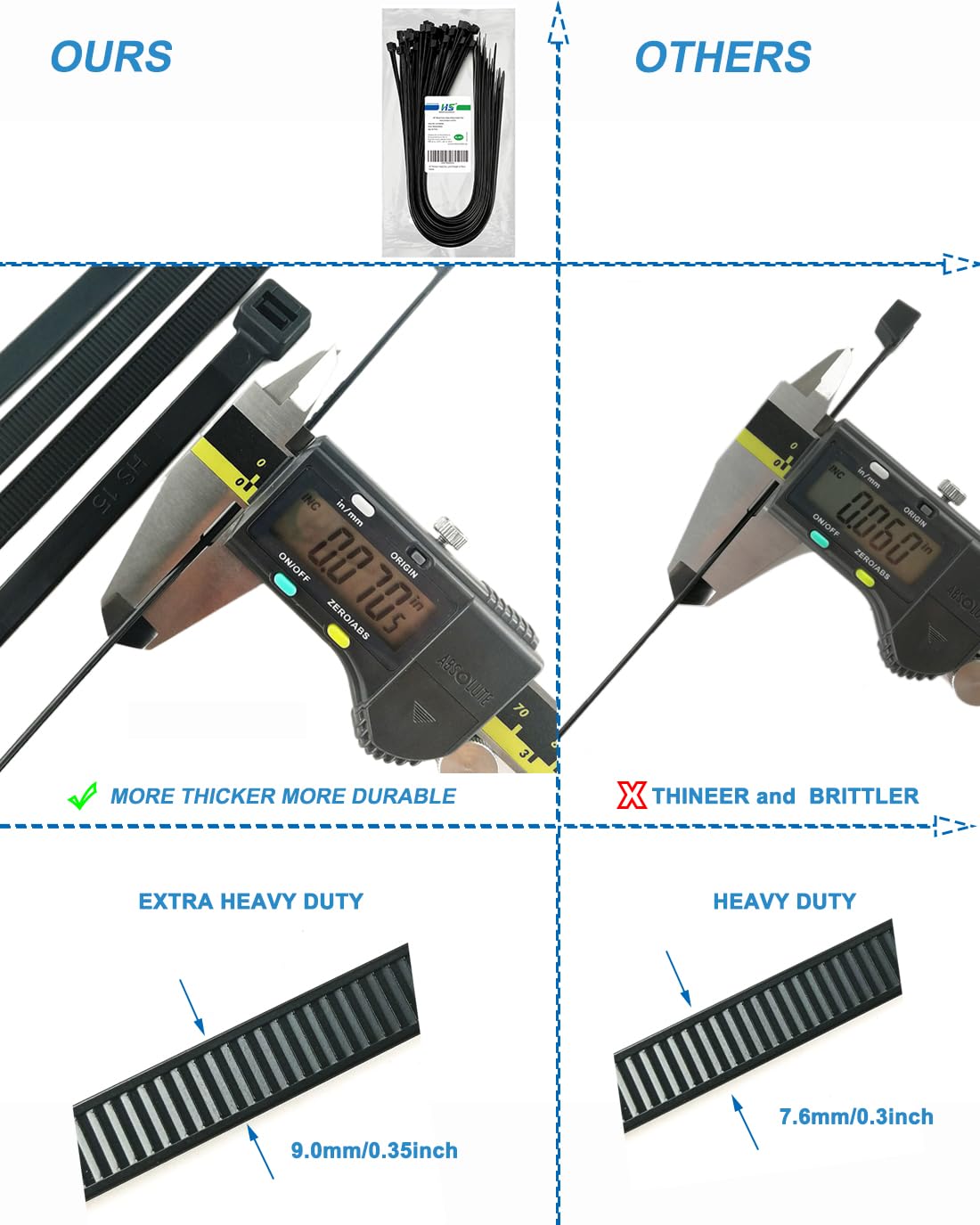 HS Premium Heavy Duty Cable Tie Straps Plastic (50 Pack) Outdoor