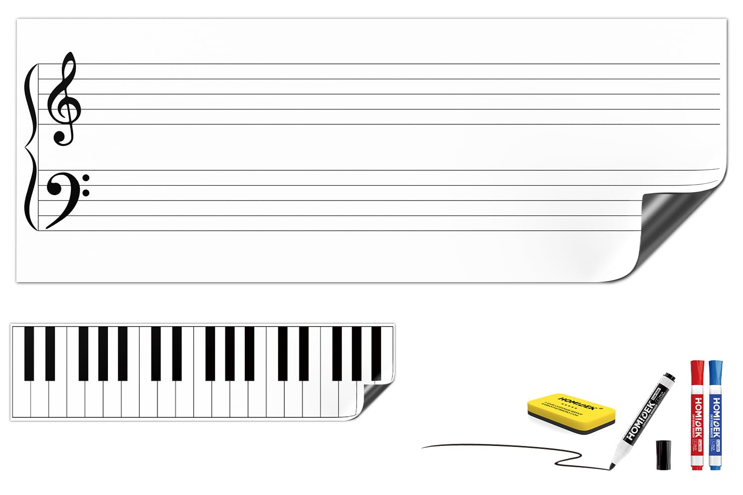 HOMiDEK Large Magnetic Backing Dry Erase Music Staff Whiteboard Sheet, 47" x 17.5" Grand Staff Magnet with 23.5" x 6" Piano Keyboard Magnet for Teachers, Musicians, Students, Music Classroom Supplies