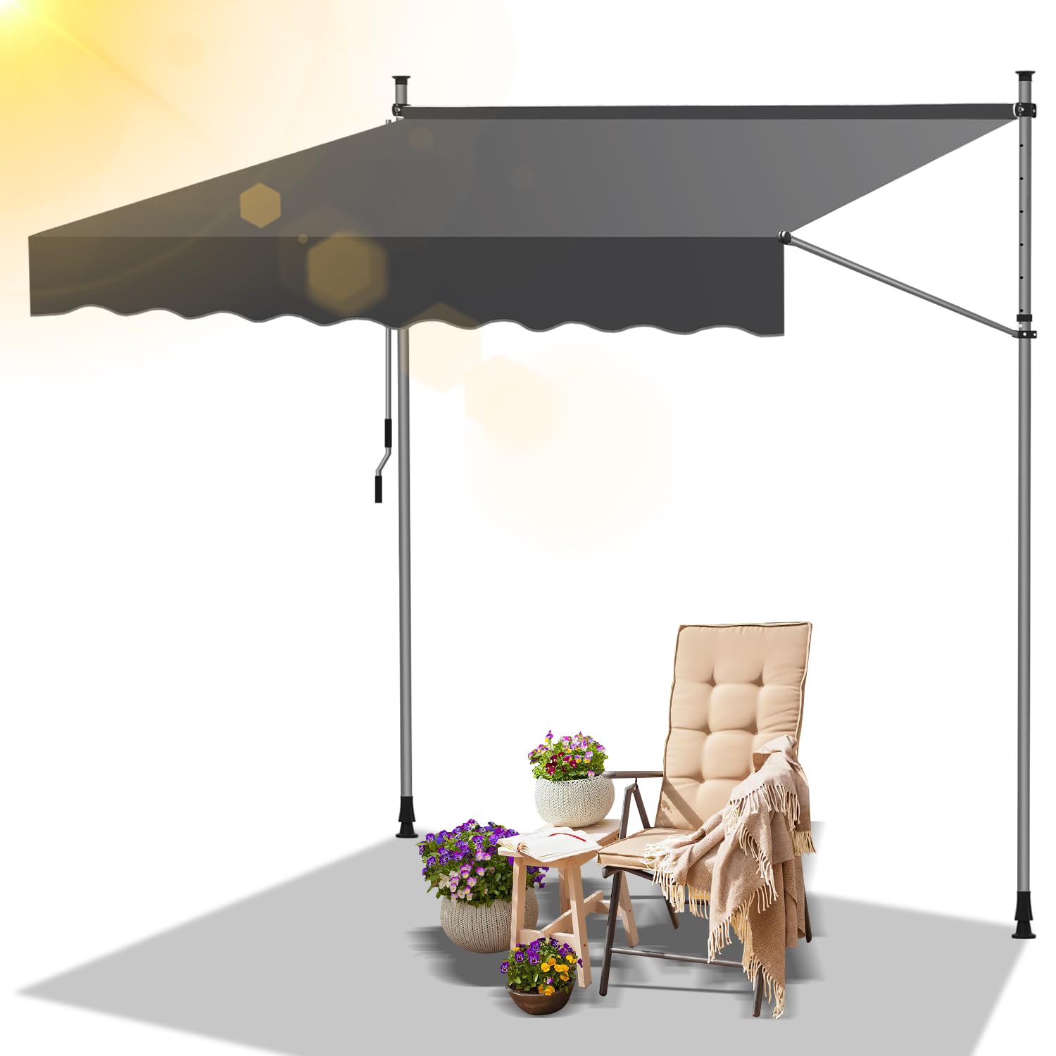 Daromigo Markiza zaciskowa, balkonowa, 400 x 120 cm, z regulacją wysokości, z korbą ręczną, odporna na promieniowanie UV, ochrona przed słońcem, bez wiercenia, na balkon, do ogrodu, szara