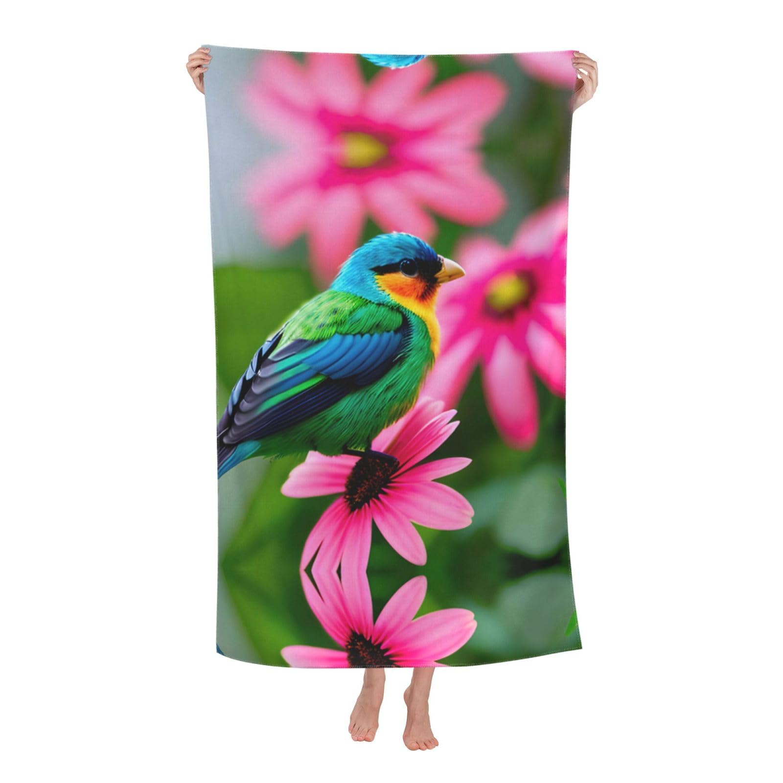 Oazcvbnn Women's White Colorful Flowers And Bird Print Adult Beach Towel Summer Travel Pool Vacation Swimming Fitness Outdoor Adventures