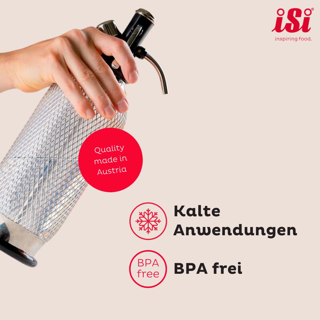 iSi 1060 Sodamaker Classic, 1,0 L, Wassersprudler für Sprudelwasser, Sprudler mit PEN-Flasche aus Edelstahlgewebe, Kohlensäure für Wasser, Sodabereiter, Barzubehör im Vintage-Look 106001 Edelstahl