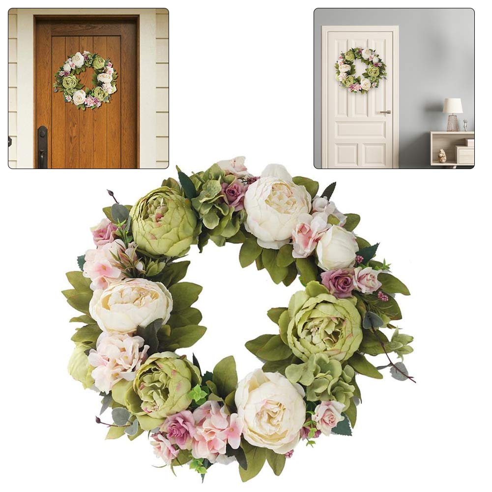 Künstliche Blumenkranz Frühlings-Kranz Artificial Peony Hydrangea-Blumen-Tür-Kranz mit Blumen Deko frühling Deko Kranz,Deko Wandkranz Girlande Kunstpflanzen Hängen Kranz für Frühling und Sommer,40cm
