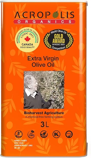 Acropolis Organics Extra Virgin Olive Oil, 3 Liter | Polyphenols Rich, First Cold Pressed, Koroneiki Single Variety, Family Made in Crete, Greece, Unrefined Raw