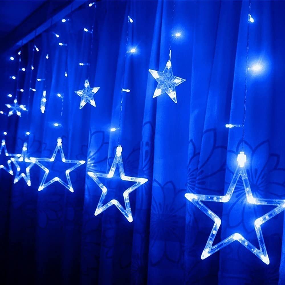 Cadena de luces LED para cortina, funciona con pilas, 2,5 m con 12 estrellas, 138 luces LED, 8 modos de luces de Navidad para árbol de Navidad, fiesta, boda, dormitorio, decoración de Navidad (azul)