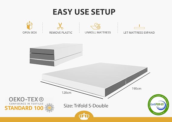 DynastyMattress Folding Mattress Small Double, 10 cm Thick Tri Folding Memory Foam Mattress, Folding Mattress, Gel Foam, Washable cover, Small Double Bed, 190 x 120 x 10 CM