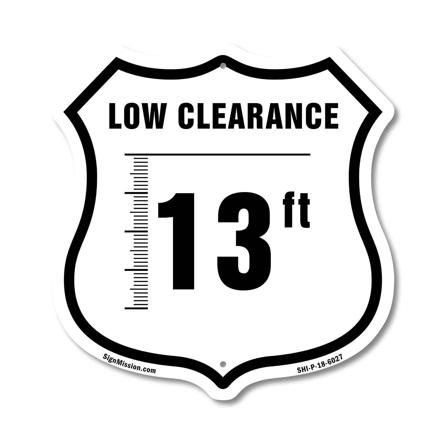 Caution Low Clearance 13 ft Feet 12 inch X 12 inch Shield-Shaped Rust-Free Aluminum Metal Sign Weather Resistant Made in the USA