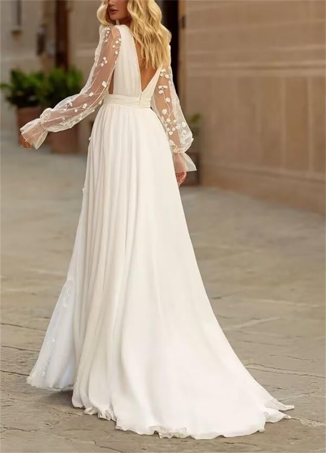 YIANN Robes de mariée à manches longues pour mariée avec fente en dentelle profonde col en V robe de mariée en mousseline de soie